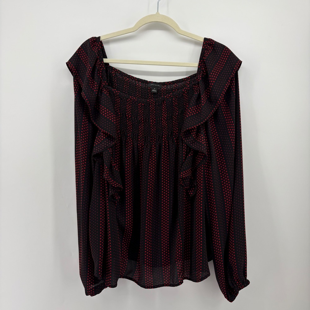 Ann Taylor Womens XL Black Red Polka Dot Smocked Ruffle Blouse Long Sleeve Top
